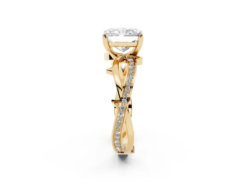Radiant Cut Diamond Pavé Twist Band Solitaire Ring Set in Yellow gold with Prong Setting