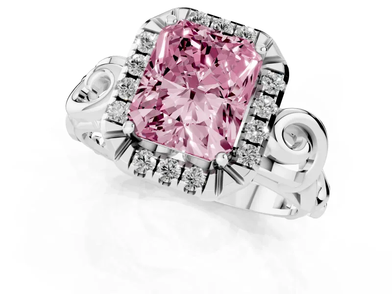 Fancy Pink Radiant Cut Diamond Halo Ring Set in Silver with Scrollwork Band and Prong Setting