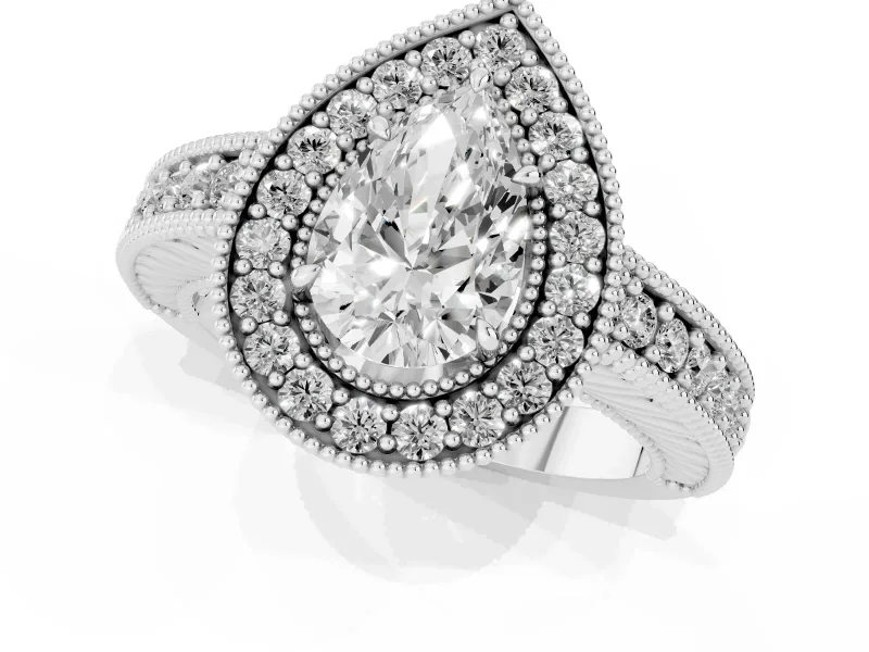 Pear Cut Diamond Halo Ring Set in Platinum with Round Accent Halo, Pavé Band and Prong Setting