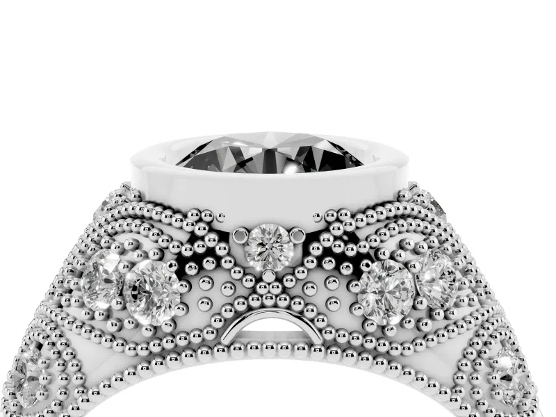 Round Vintage Bezel Engagement Ring Setting for a Black Center | Milgrain Band | White Gold