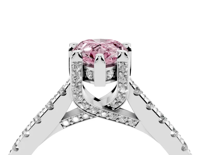 Fancy Pink Pear Cut Diamond Solitaire Ring Set in Silver with Brilliant Pavé Band and Prong Setting