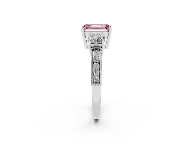 Fancy Pink Emerald Cut Diamond Three-Stone Ring Set in Silver with Round Side Stones and Pavé Band