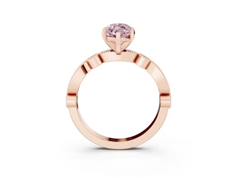 Fancy Pink Marquise Cut Diamond Solitaire Engagement Ring Set in Rose gold with Milgrain Bezel Accent Band