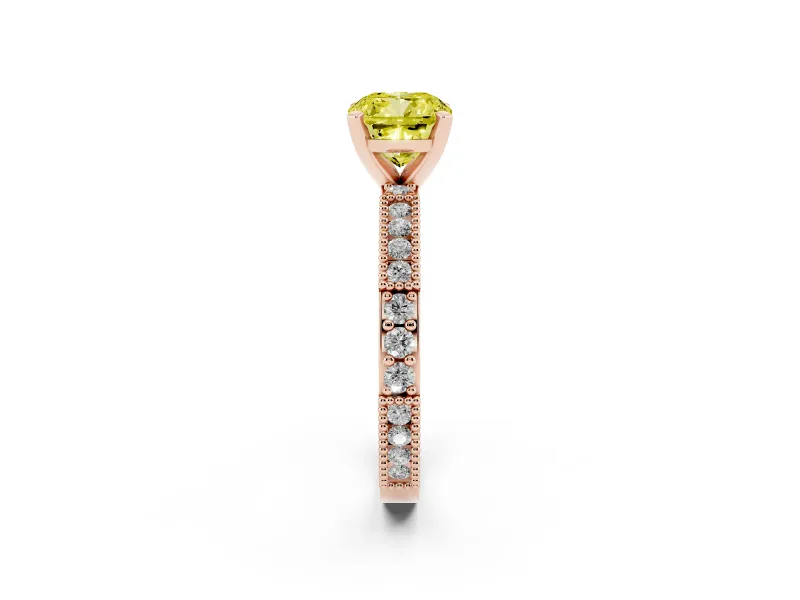 Fancy Yellow Cushion Cut Diamond Solitaire Ring Set in Rose gold with Slim Pavé Band and Prong Setting