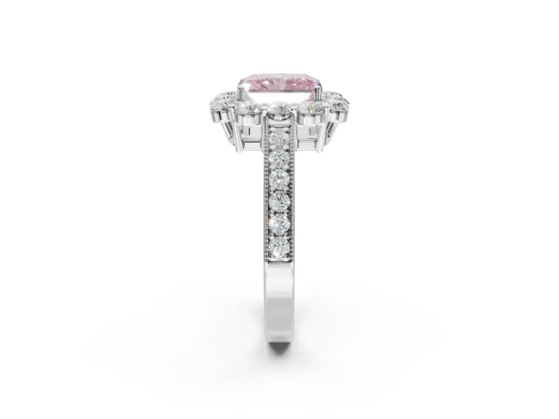 Radiant Cut Vintage Halo Engagement Ring Setting for a Fancy Pink Lab-Grown Diamond | Milgrain Channel Band | White Gold