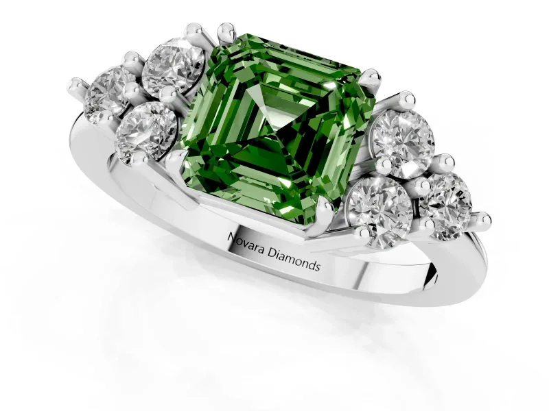 Fancy Green Asscher Cut Diamond Solitaire Ring Set in Silver with Cluster Accents on Each Side