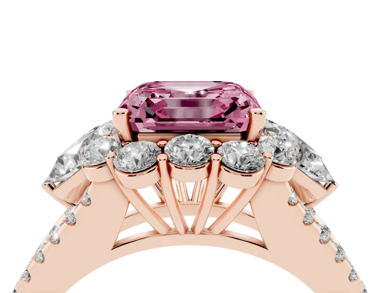 Fancy Pink Asscher Cut Diamond Halo Split Shank Engagement Ring Set in Rose gold with Prong-Held Center Stone