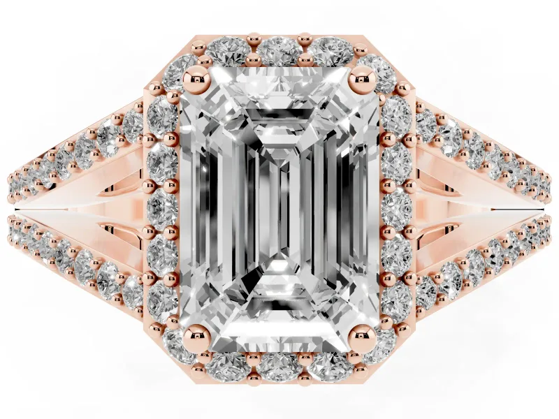 Emerald Cut Halo Engagement Ring Setting | V-Split Pavé Band | Rose Gold