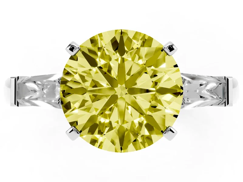 Fancy Yellow Round Cut Diamond Solitaire Ring Set in Platinum with Tapered Baguette Side Stones and Prong Setting