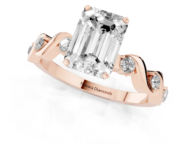 Emerald Cut Ribbon Twist Solitaire Engagement Ring Setting | Accented Shoulders | Rose Gold