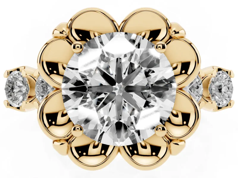 Round Floral Engagement Ring Setting | Petal Frame and Side Stones | Yellow Gold