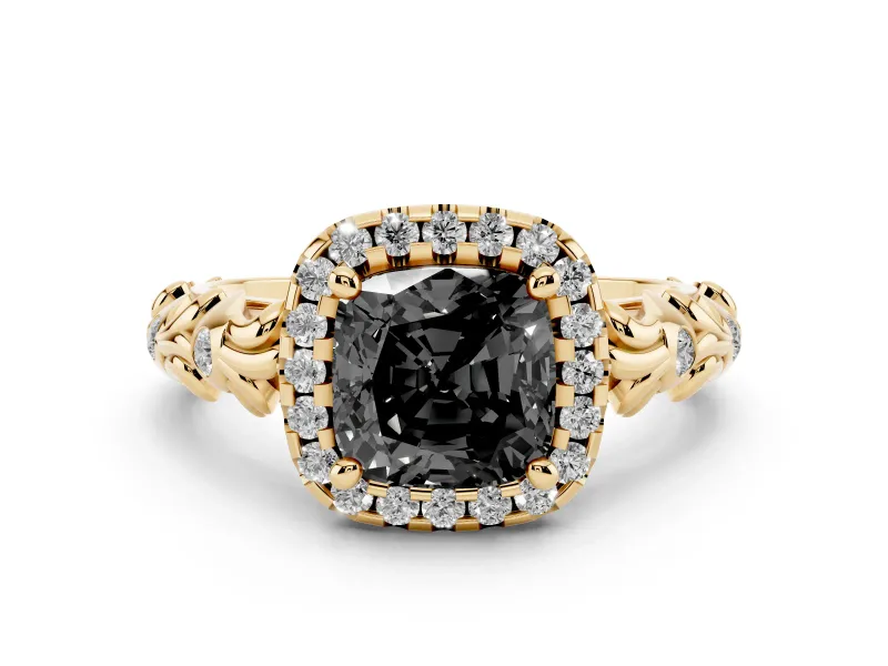Fancy Black Cushion Cut Diamond Halo Ring Set in Yellow gold with Filigree Leaf Band and Prong Setting