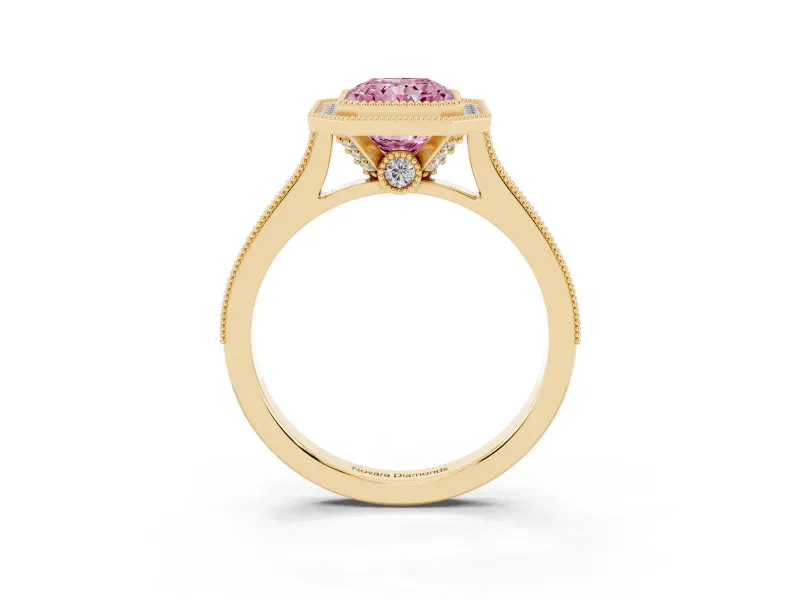 Radiant Cut Vintage Milgrain Halo Engagement Ring Setting for a Fancy Pink Lab-Grown Diamond | Bezel Head | Yellow Gold