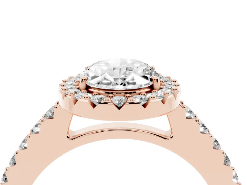 Oval Cut Diamond Halo Pavé Solitaire Ring Set in Rose gold with Prong-Set Center Stone