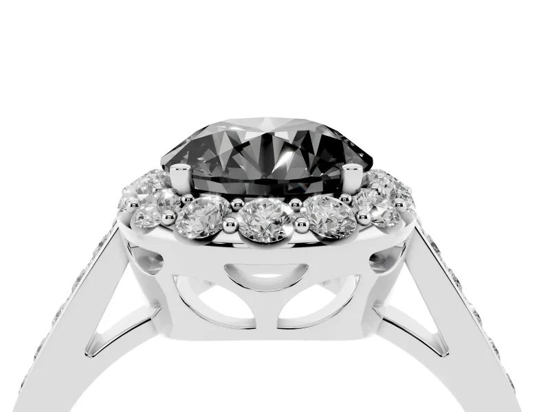 Fancy Black Round Cut Diamond Floral Halo Ring Set in White gold with Pavé Band and Prong Setting