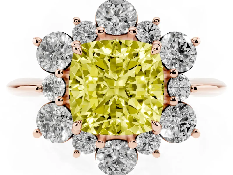 Cushion Cut Cluster Halo Engagement Ring Setting for a Fancy Yellow Lab-Grown Diamond | Rose Gold
