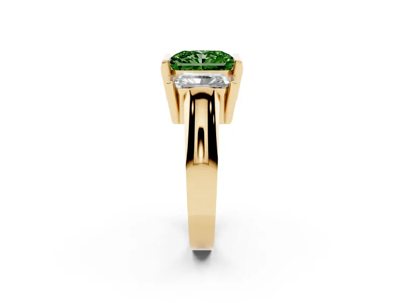 Radiant Cut Channel-Set Three Stone Engagement Ring Setting for a Fancy Green Lab-Grown Diamond | Yellow Gold