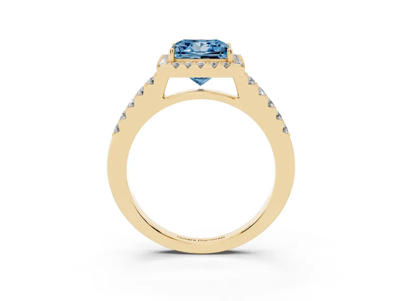 Fancy Blue Princess Cut Diamond Halo Pavé Solitaire Ring Set in Yellow gold with Prong-Set Center Stone