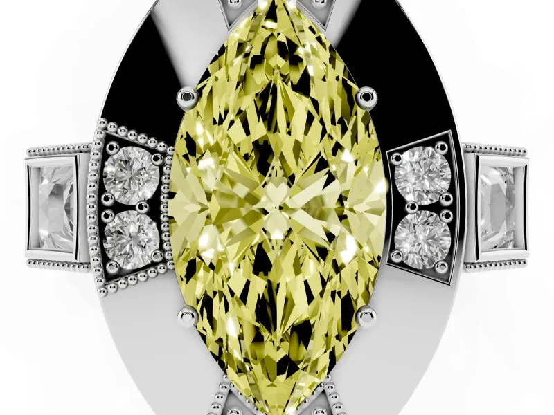Fancy Yellow Marquise Cut Diamond Milgrain Halo Ring Set in White gold with Split Shank