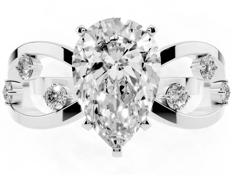 Pear Cut Diamond Solitaire Ring Set in Silver with Side Stones on Criss-Cross Band and Prong Setting
