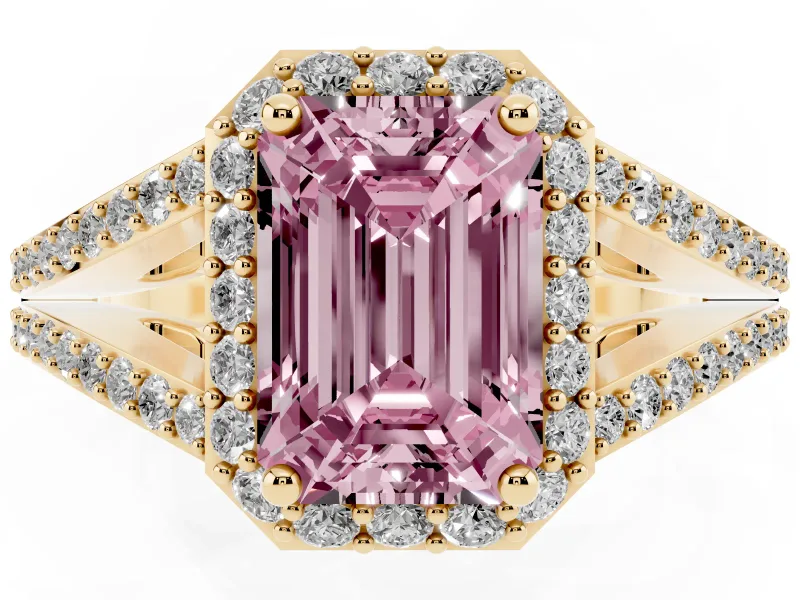 Emerald Cut Halo Engagement Ring Setting for a Fancy Pink Lab-Grown Diamond | V-Split Pavé Band | Yellow Gold
