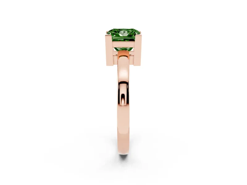 Fancy Green Princess Cut Diamond Solitaire Ring Set in Rose gold with Prong Head and Smooth Polished Band