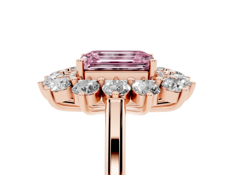 Emerald Cut Floral Double Halo Engagement Ring Setting for a Fancy Pink Lab-Grown Diamond | Plain Band | Rose Gold