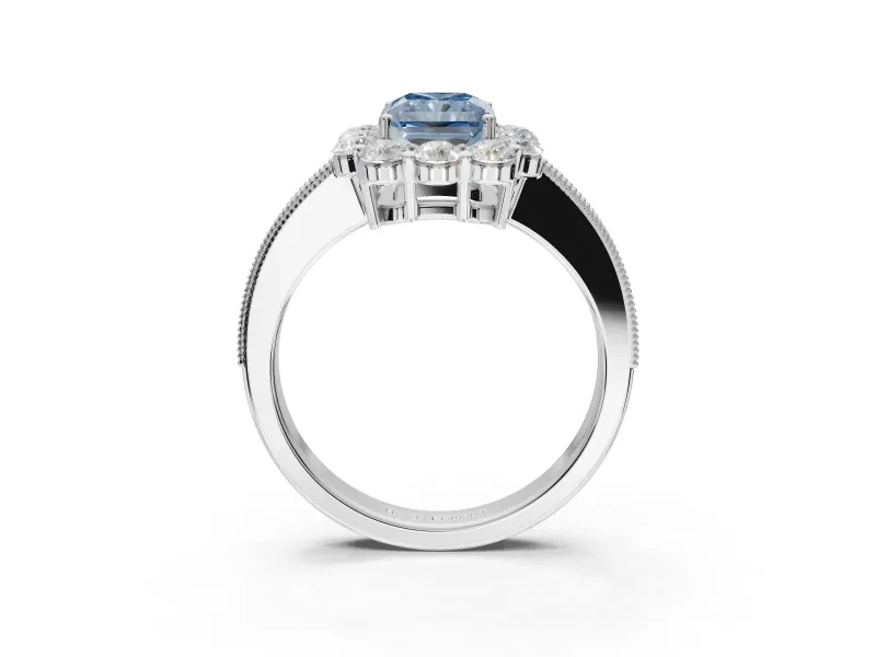 Radiant Cut Vintage Halo Engagement Ring Setting for a Fancy Blue Lab-Grown Diamond | Milgrain Channel Band | White Gold