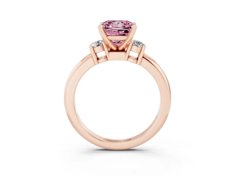 Princess Cut Three Stone Engagement Ring Setting for a Fancy Pink Lab-Grown Diamond | Round Side Stones | Rose Gold