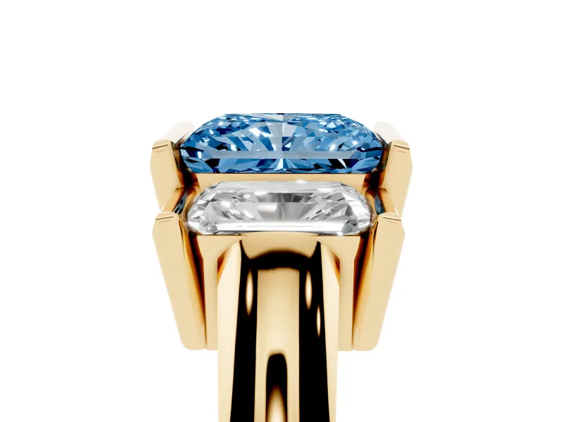Radiant Cut Channel-Set Three Stone Engagement Ring Setting for a Fancy Blue Lab-Grown Diamond | Yellow Gold