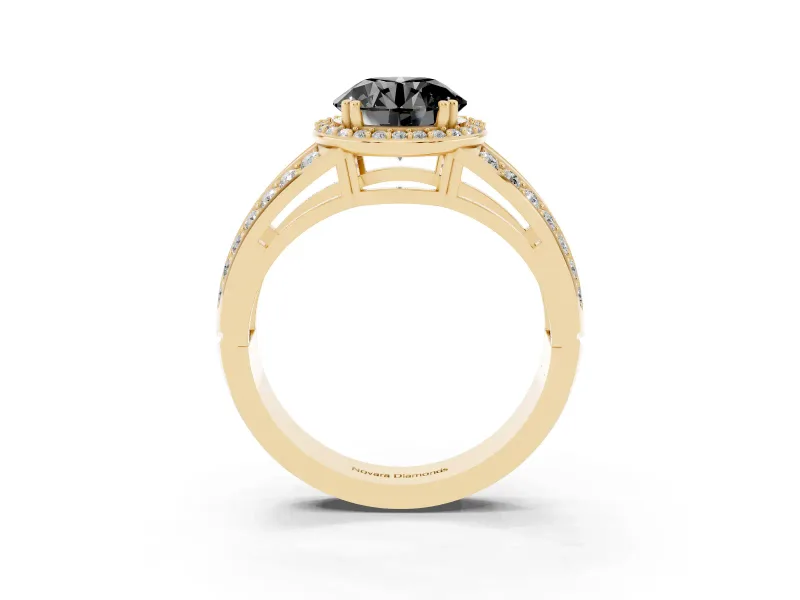 Round Halo Engagement Ring Setting for a Black Center | Two-Row Pavé Split Shank | Yellow Gold