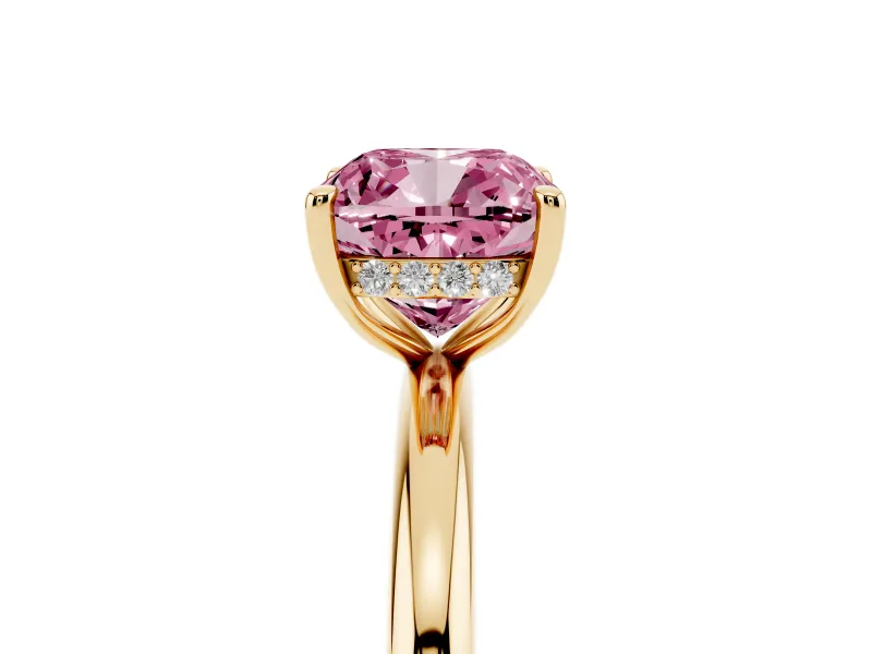 Fancy Pink Cushion Cut Diamond Solitaire Ring Set in Yellow gold with Thin Band and Prong Setting
