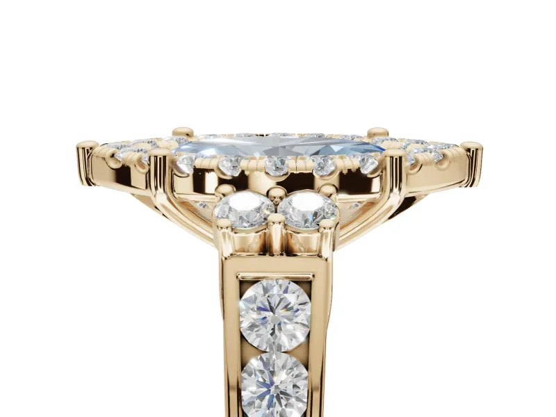Marquise Halo Engagement Ring Setting for a Fancy Blue Lab-Grown Diamond | Graduated Channel Band | Yellow Gold