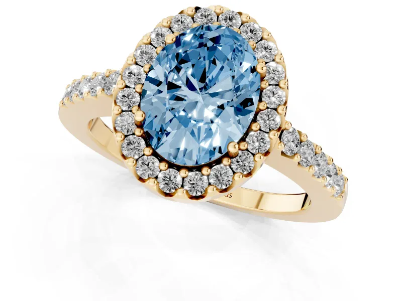 Oval Halo Engagement Ring Setting for a Fancy Blue Lab-Grown Diamond | Single Row Pavé Band | Yellow Gold