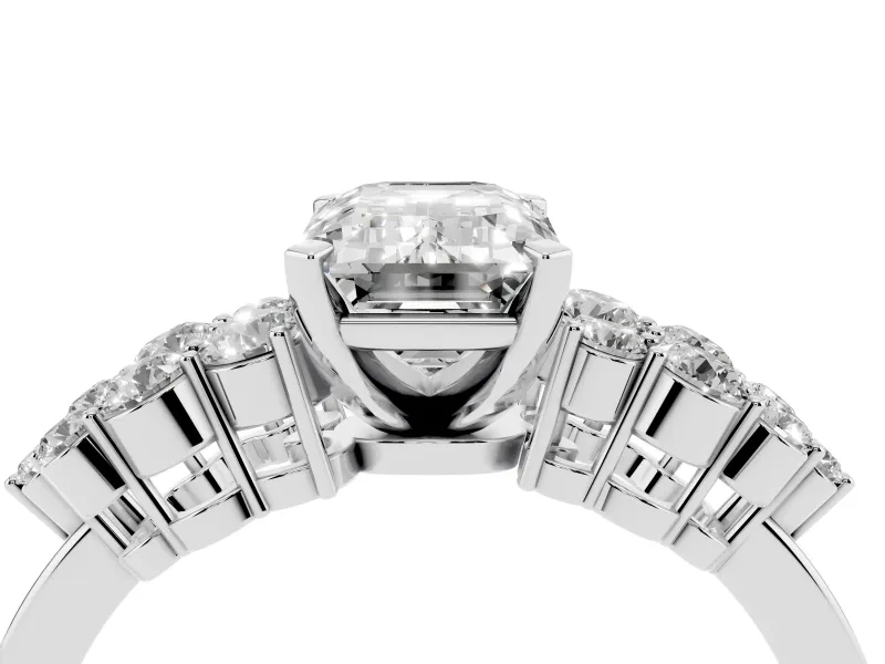Emerald Cut Diamond Cluster Engagement Ring Set in Silver with Pavé Band and Prong Setting