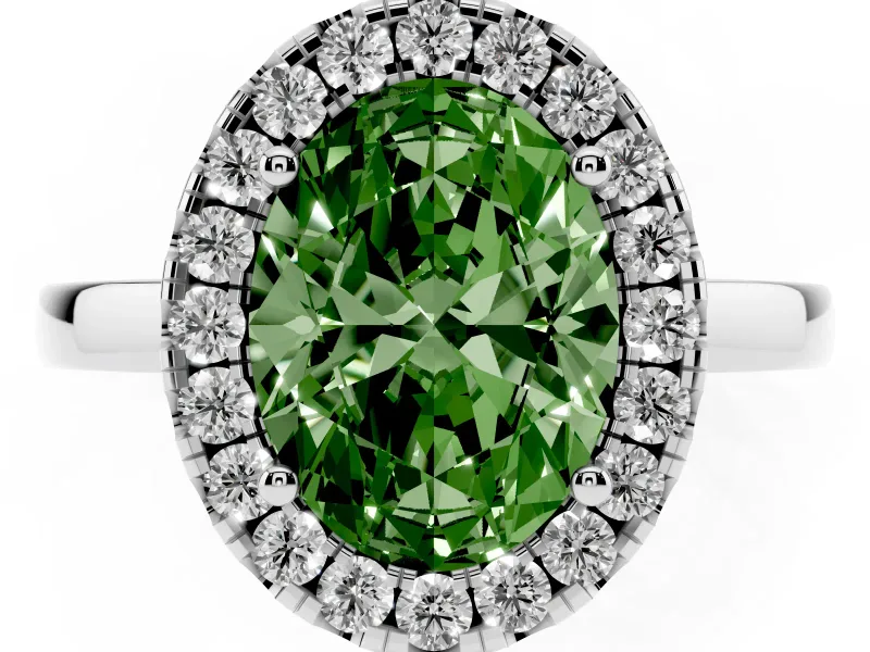 Fancy Green Oval Cut Diamond Halo Solitaire Ring Set in Silver with Pavé Band and Prong Setting