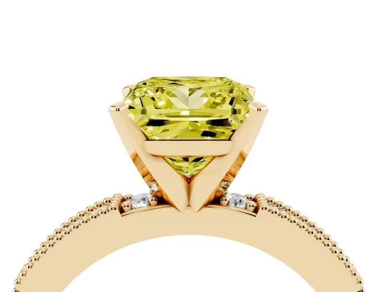 Fancy Yellow Princess Cut Diamond Solitaire Ring Set in Yellow gold with Slim Pavé Band and Prong Setting