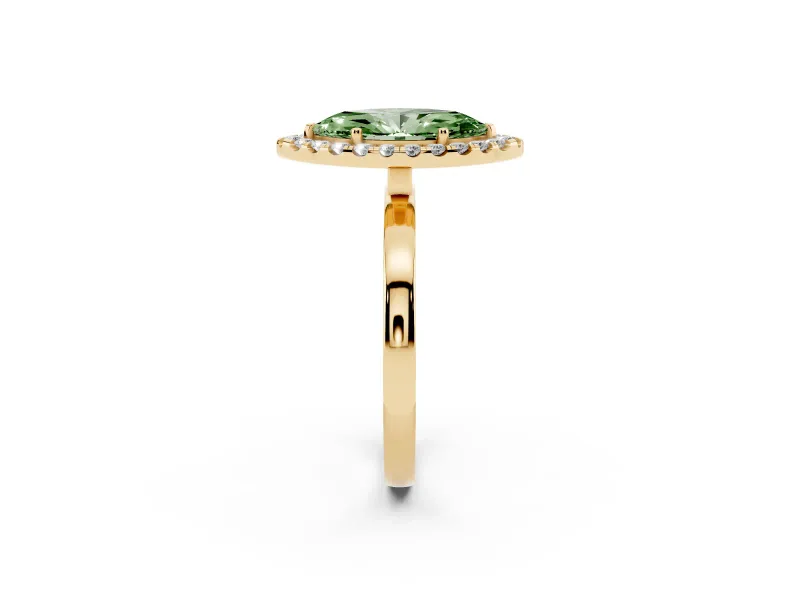 Fancy Green Marquise Cut Diamond Halo Solitaire Ring Set in Yellow gold with Pavé Band and Prong Setting