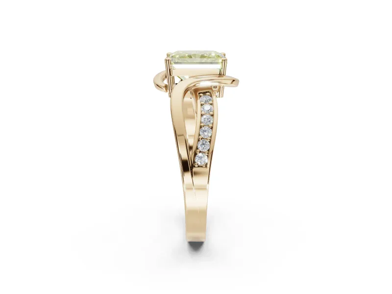 Radiant Cut Bypass Solitaire Engagement Ring Setting for a Fancy Yellow Lab-Grown Diamond | Pavé Strands | Yellow Gold