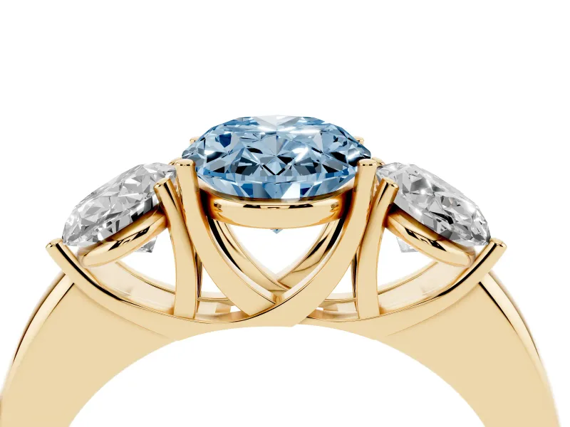 Oval Three Stone Engagement Ring Setting for a Fancy Blue Lab-Grown Diamond | Matching Side Stones | Yellow Gold