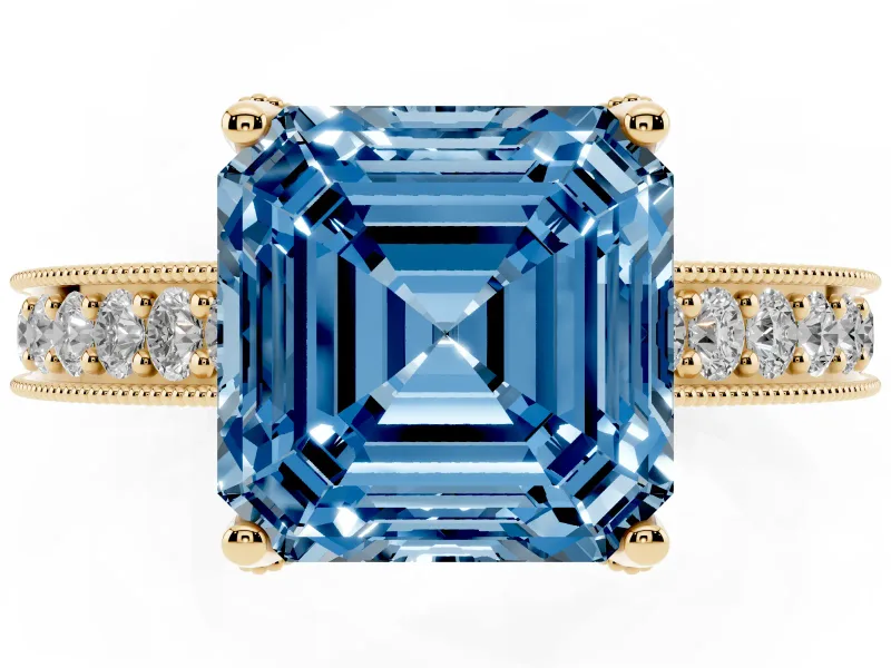 Asscher Cut Hidden Halo Engagement Ring Setting for a Fancy Blue Lab-Grown Diamond | Milgrain Pave | Yellow Gold