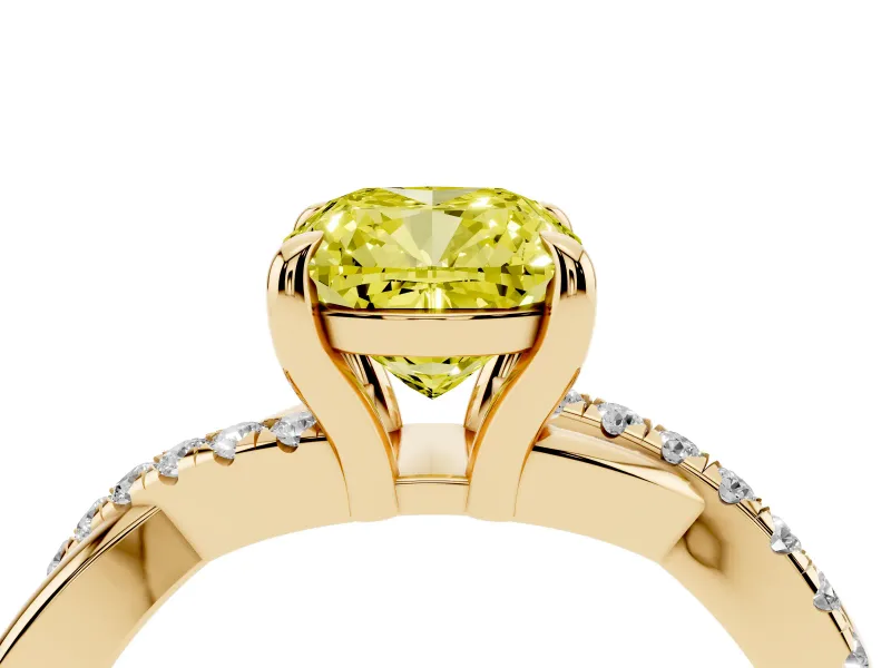 Fancy Yellow Cushion Cut Diamond Twist Band Solitaire Set in Yellow gold with Pavé Accents and Prong Setting