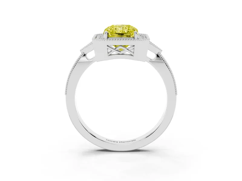 Fancy Yellow Radiant Cut Diamond Halo Engagement Ring Set in Silver with Milgrain Pavé Band