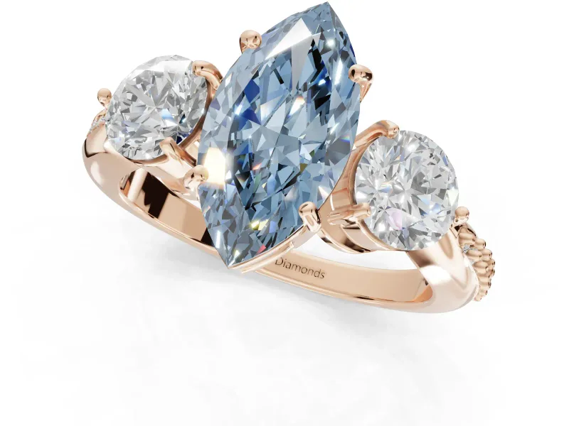 Marquise Three Stone Engagement Ring Setting for a Fancy Blue Lab-Grown Diamond | Tapered Pave Band | Rose Gold