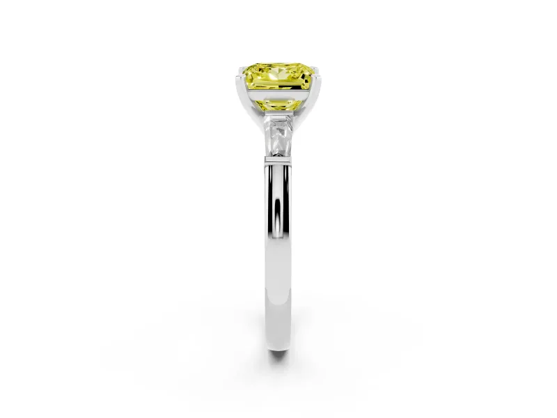 Fancy Yellow Princess Cut Diamond Solitaire Ring Set in Silver with Tapered Baguette Side Stones and Prong Setting