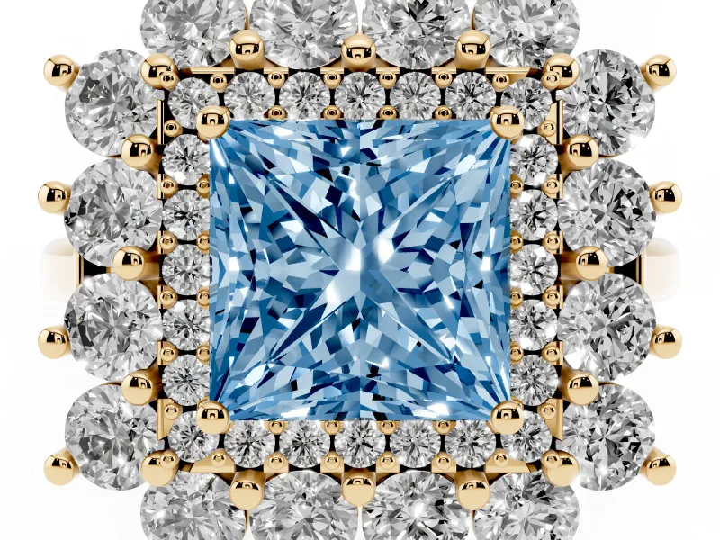 Princess Cut Floral Double Halo Engagement Ring Setting for a Fancy Blue Lab-Grown Diamond | Plain Band | Yellow Gold