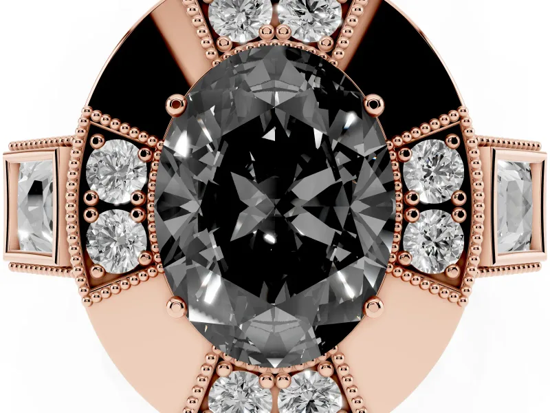 Fancy Black Oval Cut Diamond Milgrain Halo Ring Set in Rose gold with Split Shank