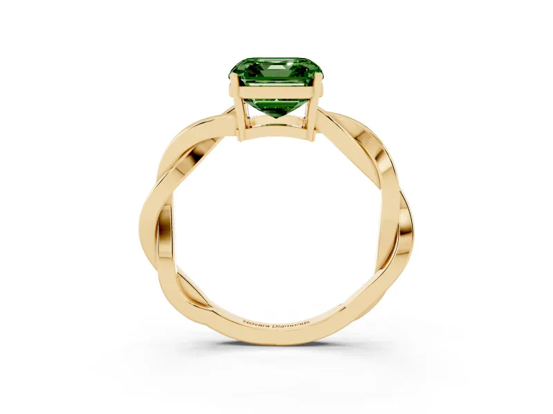 Fancy Green Asscher Cut Diamond Solitaire Twisted Pavé Ring Set in Yellow gold with Prong Setting