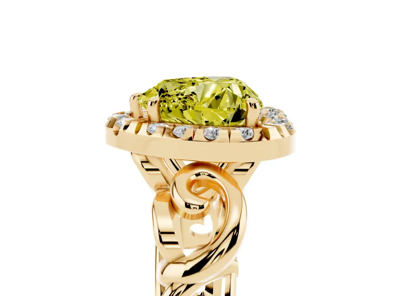 Fancy Yellow Heart Cut Diamond Halo Ring Set in Yellow gold with Scrollwork Band and Prong Setting