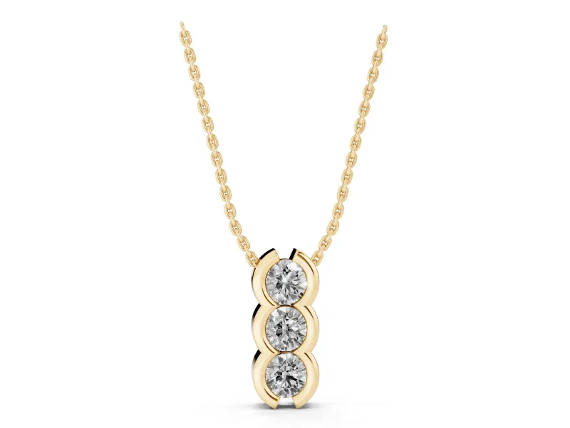 Round Lab-Grown Diamond Three-Stone Vertical Pendant Necklace | Scalloped Rails | Yellow Gold